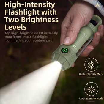 Φωτιστικό LED για κάμπινγκ, επαναφορτιζόμενο, φορητό με κρεμάστρα, χειροκίνητη τροφοδοσία, 1200mAh, 3.7V, LED φως, εμβέλεια 50–100 m, κύριο φως 5h / ζεστό φως 7h