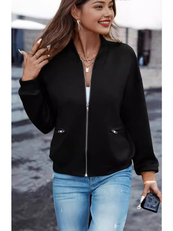 Γυναικείο μπουφάν baseball από πολυεστέρα, χαλαρή γραμμή, ψηλός γιακάς, κούμπωμα με φερμουάρ, μακριά μανίκια, Φθινόπωρο 2024