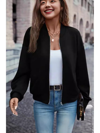 Γυναικείο μπουφάν baseball από πολυεστέρα, χαλαρή γραμμή, ψηλός γιακάς, κούμπωμα με φερμουάρ, μακριά μανίκια, Φθινόπωρο 2024