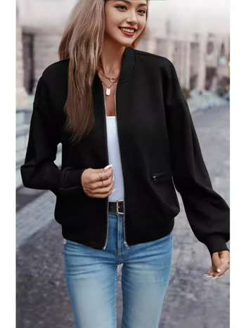 Γυναικείο μπουφάν baseball από πολυεστέρα, χαλαρή γραμμή, ψηλός γιακάς, κούμπωμα με φερμουάρ, μακριά μανίκια, Φθινόπωρο 2024