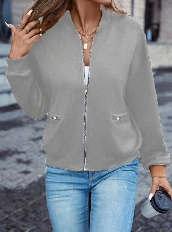 Γυναικείο μπουφάν baseball από πολυεστέρα, χαλαρή γραμμή, ψηλός γιακάς, κούμπωμα με φερμουάρ, μακριά μανίκια, Φθινόπωρο 2024