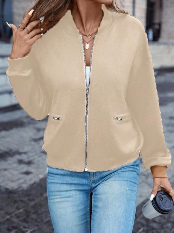 Γυναικείο μπουφάν baseball από πολυεστέρα, χαλαρή γραμμή, ψηλός γιακάς, κούμπωμα με φερμουάρ, μακριά μανίκια, Φθινόπωρο 2024