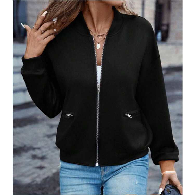 Γυναικείο μπουφάν baseball από πολυεστέρα, χαλαρή γραμμή, ψηλός γιακάς, κούμπωμα με φερμουάρ, μακριά μανίκια, Φθινόπωρο 2024