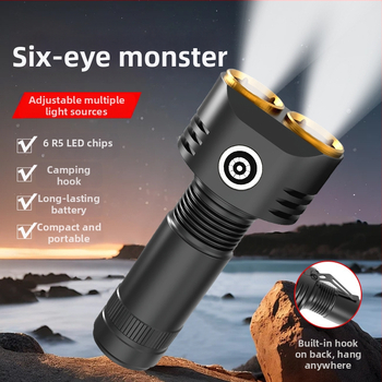 Φακός με έξι LED, Αλουμινένιο κράμα, 30W, 3000mAh, εμβέλεια 200–500 m