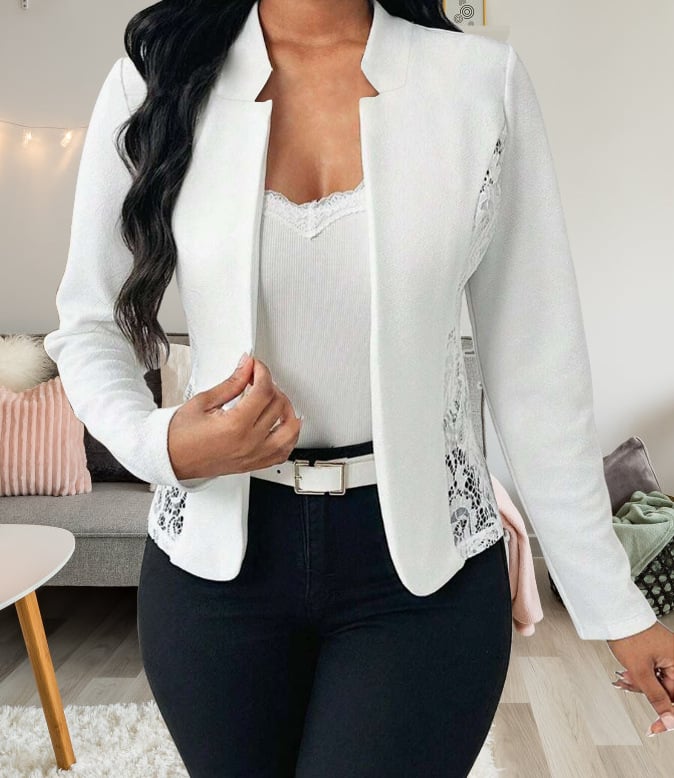 Slim-fit дантелен кардиган в стил костюм с яка за костюм, дълги ръкави, полиестер-еластанова смес.