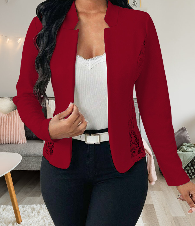 Slim-fit дантелен кардиган в стил костюм с яка за костюм, дълги ръкави, полиестер-еластанова смес.