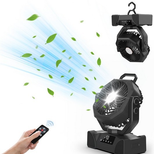 Stovyklavimo ventiliatorius su apšvietimu; įmontuota baterija 2000-4000 mAh; veikimo laikas >12 valandų; oro srauto greitis 5-8 režimai; nuotolinio valdymo.