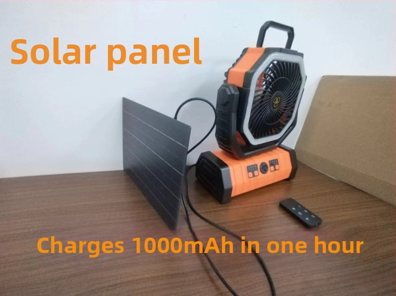 Къмпинг фен с осветление; вградена батерия 2000-4000 mAh; над 12 часа работа; скорост на въздуха 5-8 степени; дистанционно управление.