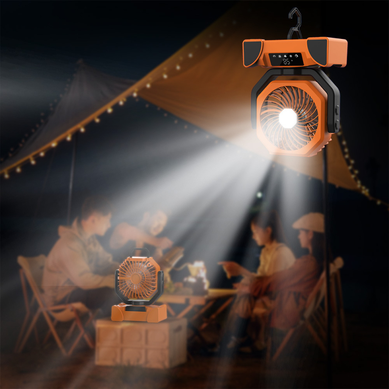 Stovyklavimo ventiliatorius su apšvietimu; įmontuota baterija 2000-4000 mAh; veikimo laikas >12 valandų; oro srauto greitis 5-8 režimai; nuotolinio valdymo.