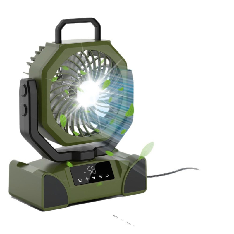 Stovyklavimo ventiliatorius su apšvietimu; įmontuota baterija 2000-4000 mAh; veikimo laikas >12 valandų; oro srauto greitis 5-8 režimai; nuotolinio valdymo.