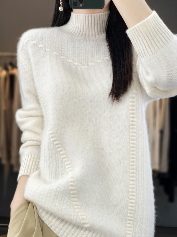 Vilnonis megztinis su pusaukštu kaklu, laisvas kirpimas, storas mezginys, ilgos rankovės