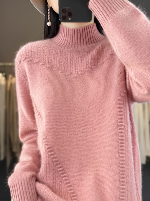 Vilnonis megztinis su pusaukštu kaklu, laisvas kirpimas, storas mezginys, ilgos rankovės