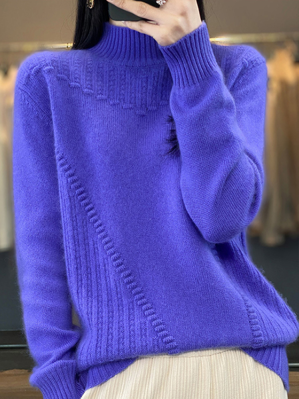 Vilnonis megztinis su pusaukštu kaklu, laisvas kirpimas, storas mezginys, ilgos rankovės