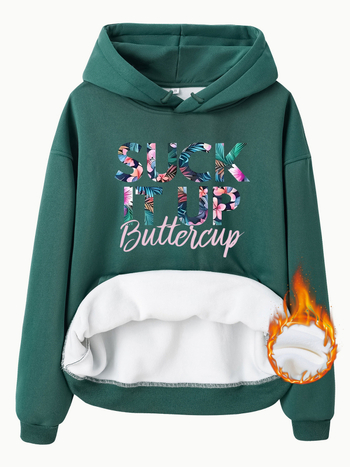 Kapucnis pulóver fleece béléssel és vastag, SUCK IT UP mintázat, laza szabás