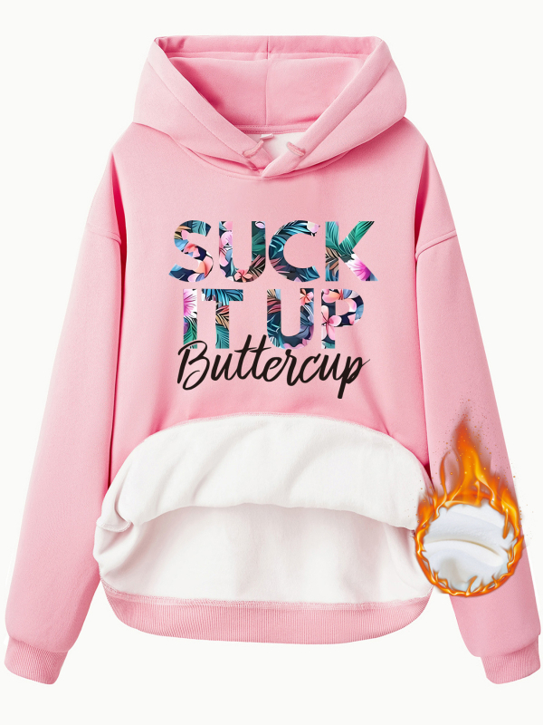 Kapucnis pulóver fleece béléssel és vastag, SUCK IT UP mintázat, laza szabás