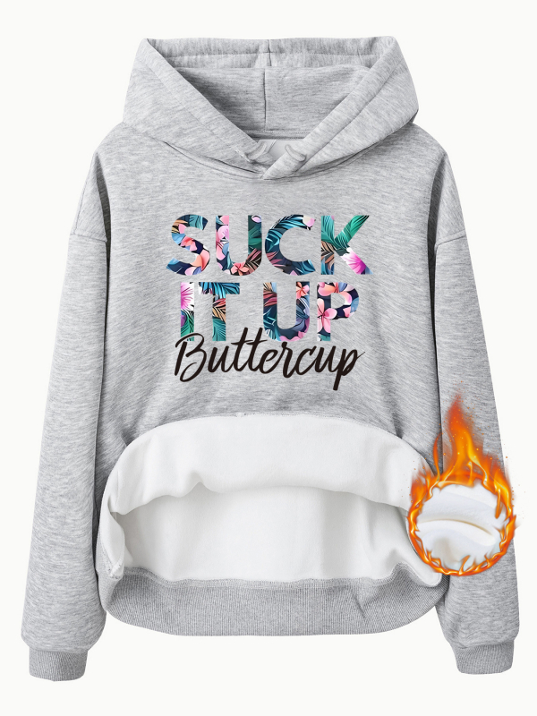 Kapucnis pulóver fleece béléssel és vastag, SUCK IT UP mintázat, laza szabás