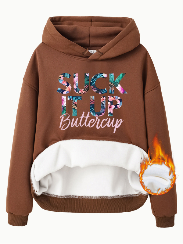 Kapucnis pulóver fleece béléssel és vastag, SUCK IT UP mintázat, laza szabás