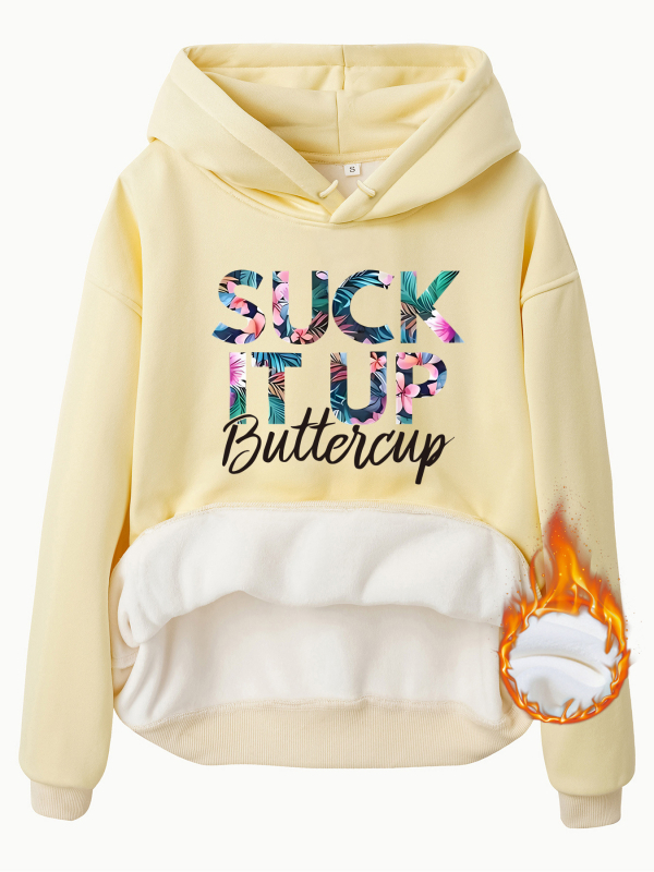 Kapucnis pulóver fleece béléssel és vastag, SUCK IT UP mintázat, laza szabás