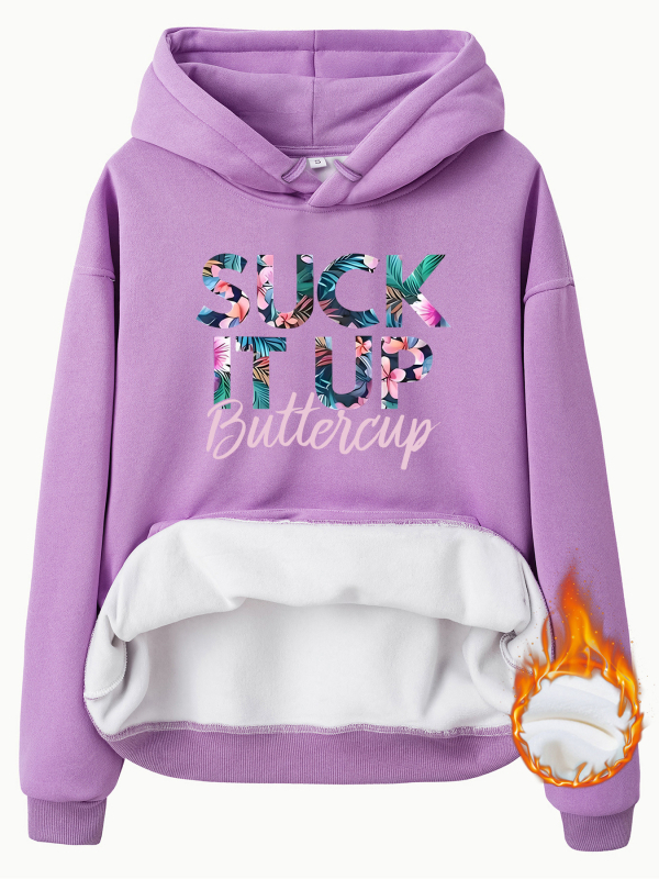 Kapucnis pulóver fleece béléssel és vastag, SUCK IT UP mintázat, laza szabás
