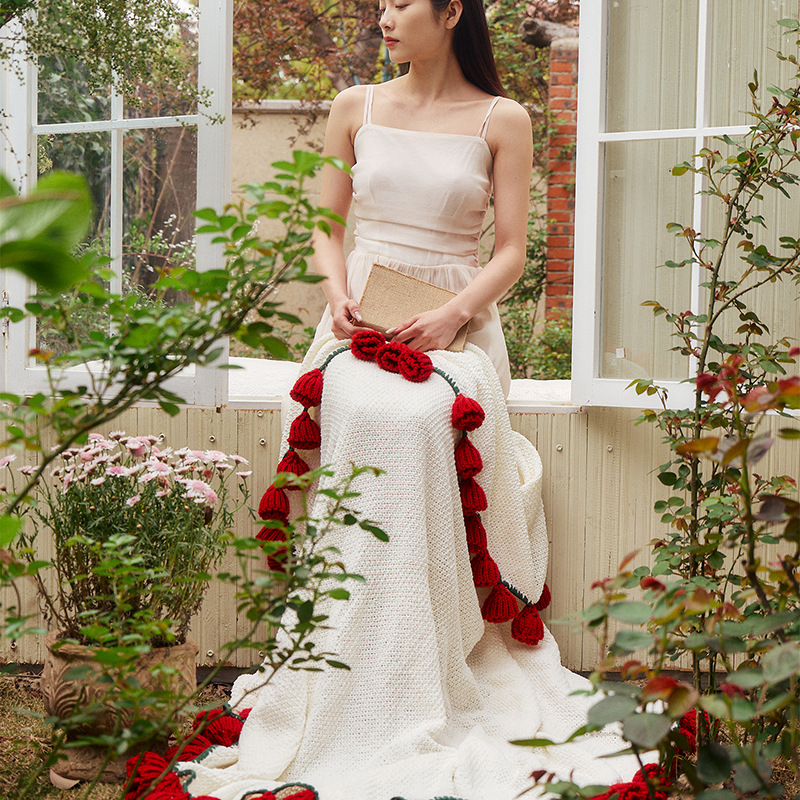 Rankų darbo rožių puokštės pledas, 1000–1499 g poliesteris, gėlių raštas, kaimiško stiliaus, visoms metų laikams