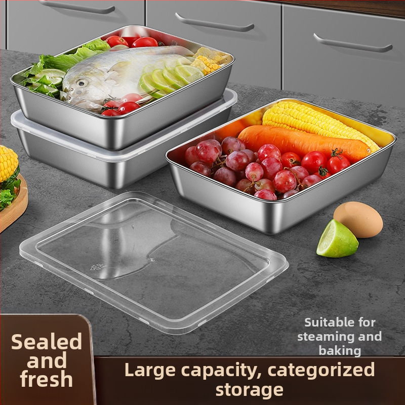 Τετράγωνο δοχείο φαγητού από ανοξείδωτο ατσάλι με καπάκι για αποθήκευση στην κουζίνα, χωρητικότητα 0.3–3 L