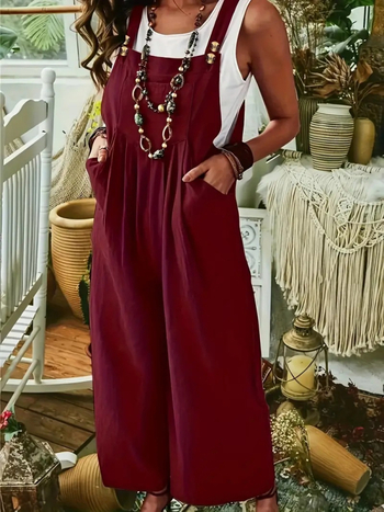 Ολόσωμο παντελόνι με τιράντες, μίξη βαμβακιού-λινού, χωρίς μανίκια, φαρδιά παντελόνια με πλαϊνές τσέπες, κλείσιμο με διπλό κουμπί