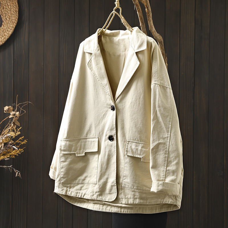 Naiste topelttaskuline jakk, pikkade varrukatega, ülikonna krae, 95% puuvill, retro stiil