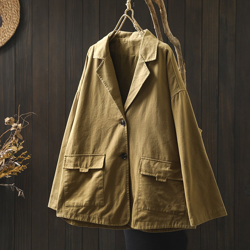 Naiste topelttaskuline jakk, pikkade varrukatega, ülikonna krae, 95% puuvill, retro stiil