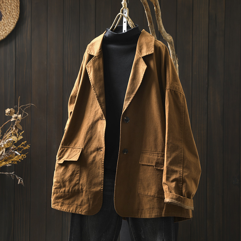 Naiste topelttaskuline jakk, pikkade varrukatega, ülikonna krae, 95% puuvill, retro stiil