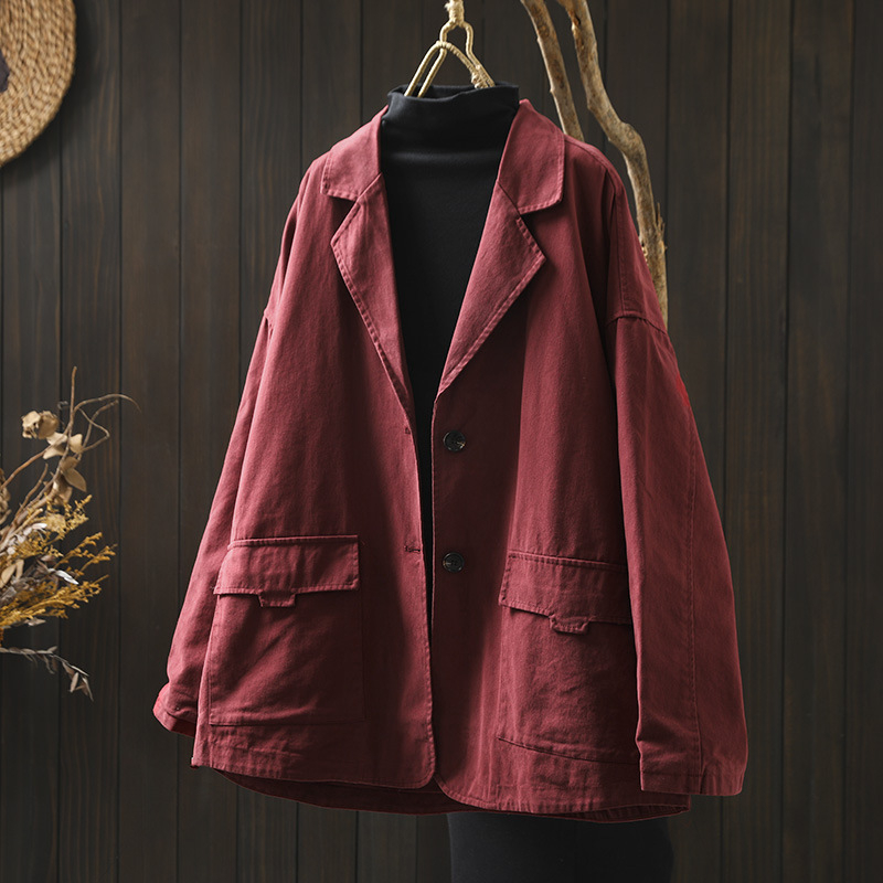 Naiste topelttaskuline jakk, pikkade varrukatega, ülikonna krae, 95% puuvill, retro stiil