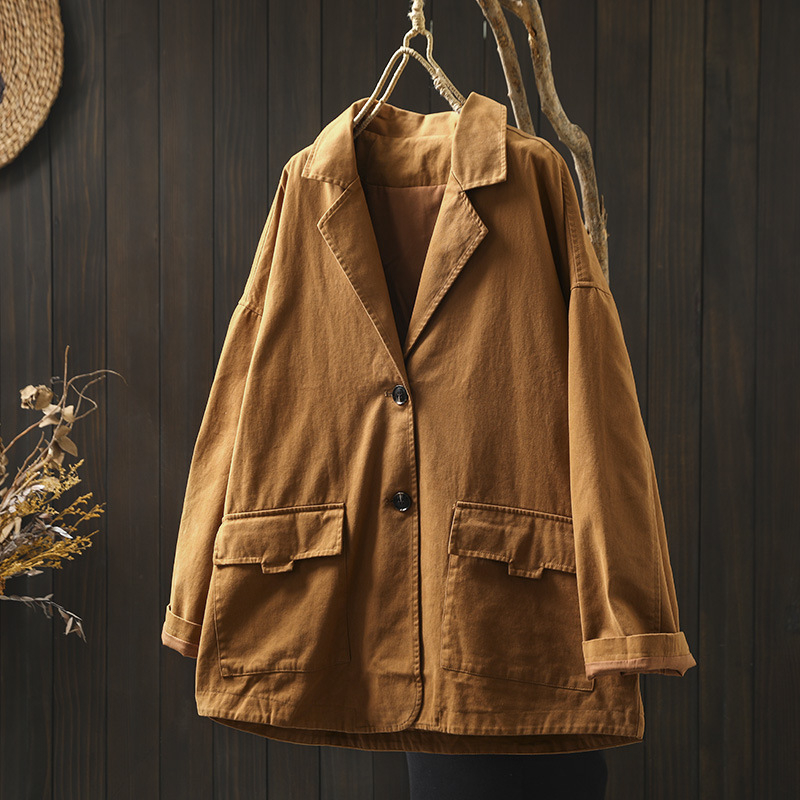 Naiste topelttaskuline jakk, pikkade varrukatega, ülikonna krae, 95% puuvill, retro stiil