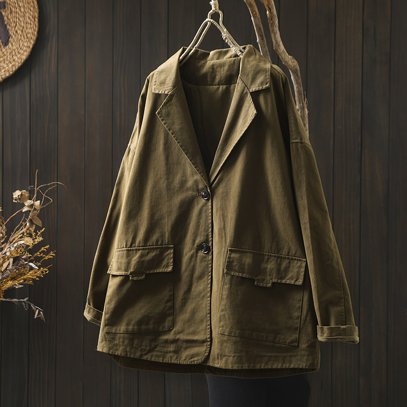 Naiste topelttaskuline jakk, pikkade varrukatega, ülikonna krae, 95% puuvill, retro stiil