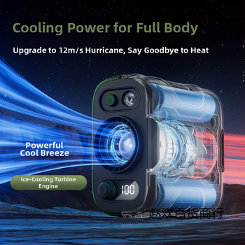 Juosmens USB ventiliatorius su įmontuota 4000–6000mAh baterija, 5 mentelės, brushless variklis, begalinis greičio reguliavimas, triukšmas 36–45 dB