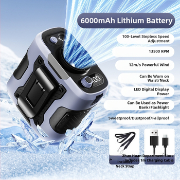 Juosmens USB ventiliatorius su įmontuota 4000–6000mAh baterija, 5 mentelės, brushless variklis, begalinis greičio reguliavimas, triukšmas 36–45 dB