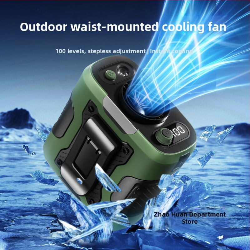 Juosmens USB ventiliatorius su įmontuota 4000–6000mAh baterija, 5 mentelės, brushless variklis, begalinis greičio reguliavimas, triukšmas 36–45 dB