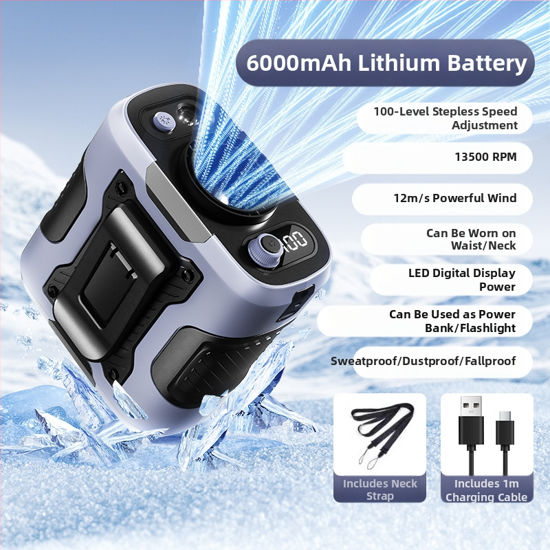 Juosmens USB ventiliatorius su įmontuota 4000–6000mAh baterija, 5 mentelės, brushless variklis, begalinis greičio reguliavimas, triukšmas 36–45 dB