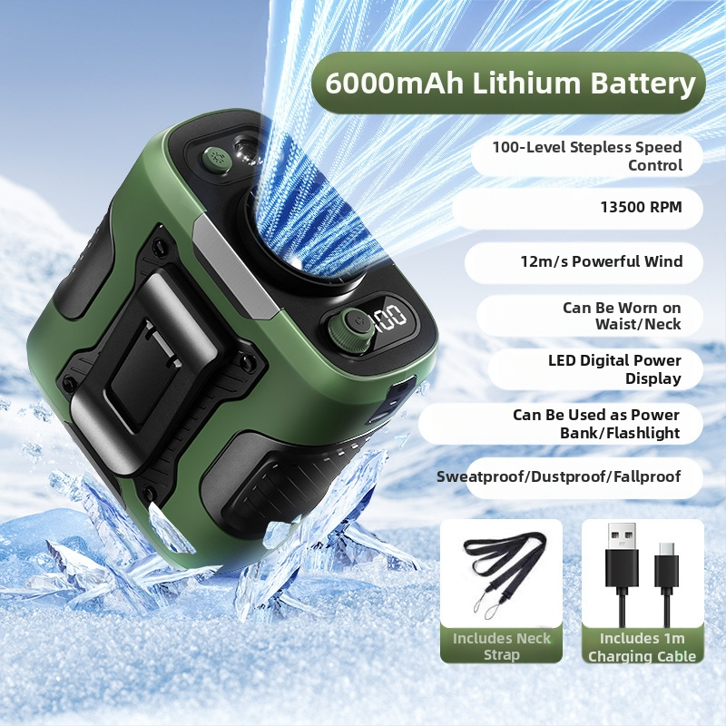 Juosmens USB ventiliatorius su įmontuota 4000–6000mAh baterija, 5 mentelės, brushless variklis, begalinis greičio reguliavimas, triukšmas 36–45 dB