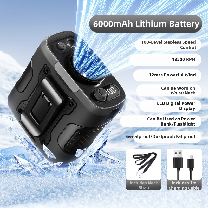 Juosmens USB ventiliatorius su įmontuota 4000–6000mAh baterija, 5 mentelės, brushless variklis, begalinis greičio reguliavimas, triukšmas 36–45 dB