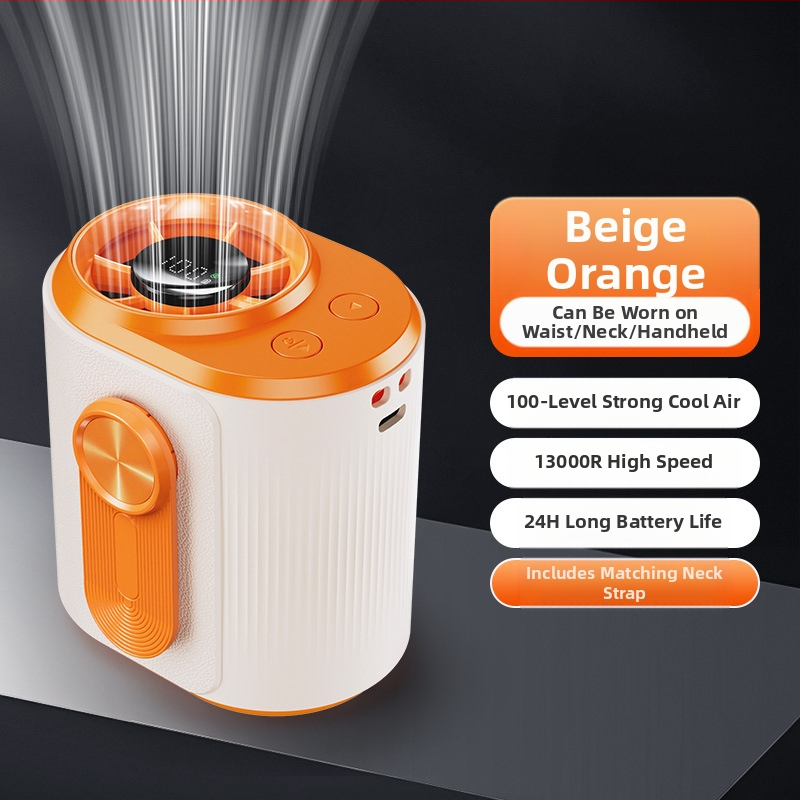 Juosmens USB ventiliatorius su įmontuota 4000–6000mAh baterija, 5 mentelės, brushless variklis, begalinis greičio reguliavimas, triukšmas 36–45 dB