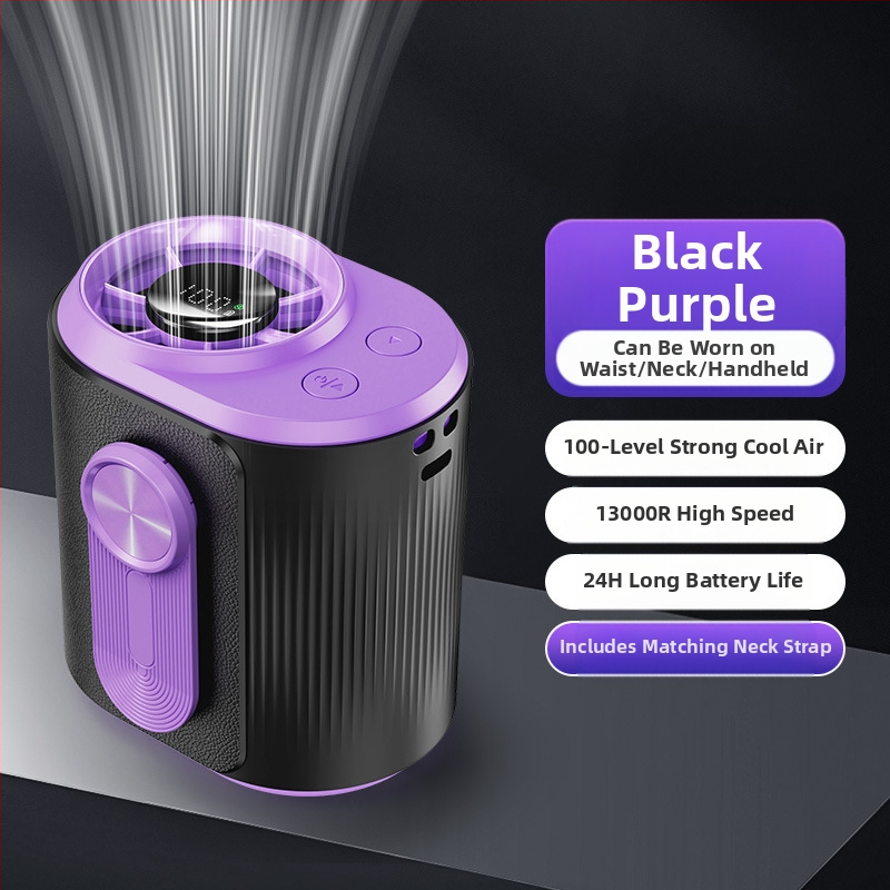 Juosmens USB ventiliatorius su įmontuota 4000–6000mAh baterija, 5 mentelės, brushless variklis, begalinis greičio reguliavimas, triukšmas 36–45 dB