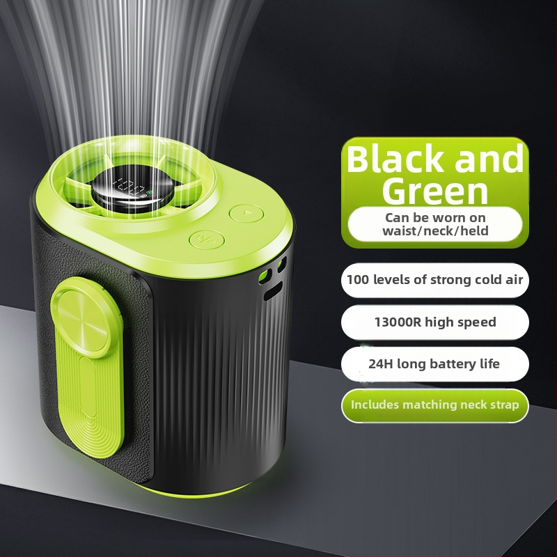 Juosmens USB ventiliatorius su įmontuota 4000–6000mAh baterija, 5 mentelės, brushless variklis, begalinis greičio reguliavimas, triukšmas 36–45 dB