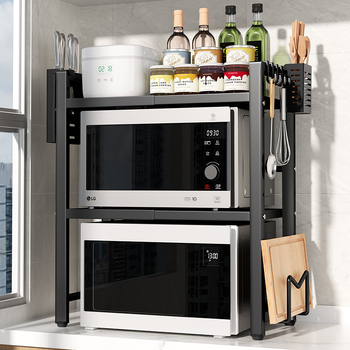 Разтегателен двуетажен кухненски рафт за съхранение, подходящ за плот или стенен монтаж, рафт за микровълнова печка, без монтаж