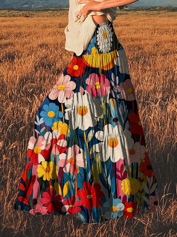 Φούστα με μποέμικο φλοράλ μοτίβο, σχέδιο εμπνευσμένο από ελαιογραφία, ελαστική μέση, μακριά, πολυεστέρας