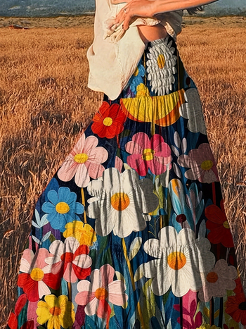 Φούστα με μποέμικο φλοράλ μοτίβο, σχέδιο εμπνευσμένο από ελαιογραφία, ελαστική μέση, μακριά, πολυεστέρας