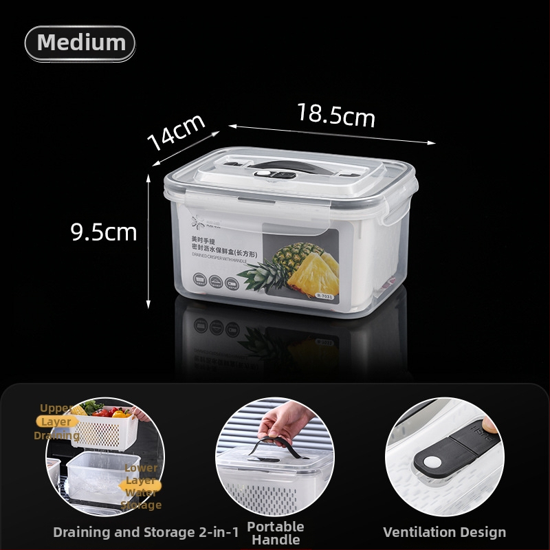 Πλαστικό κλειστό κουτί γεύματος με χειρολαβή και κάδο αποστράγγισης, συμβατό με φούρνο μικροκυμάτων, ορθογώνιο μπέντο δοχείο