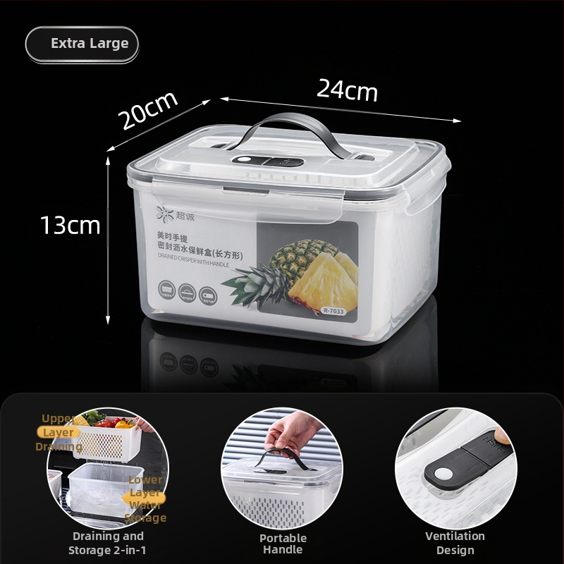 Πλαστικό κλειστό κουτί γεύματος με χειρολαβή και κάδο αποστράγγισης, συμβατό με φούρνο μικροκυμάτων, ορθογώνιο μπέντο δοχείο
