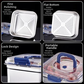 Κουτί από ανοξείδωτο ατσάλι για αποθήκευση τροφίμων, τετράγωνο σχήμα, χωρητικότητα 2,1–3 L, διατηρεί φρεσκάδα, συμβατό με φούρνο μικροκυμάτων