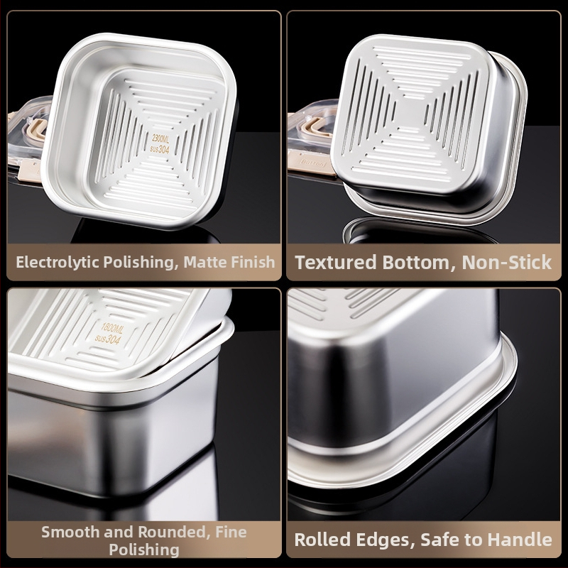 Cutie din oțel inoxidabil pentru conservare, formă pătrată, capacitate 2,1–3 L, menține prospețimea, compatibil cu microunde