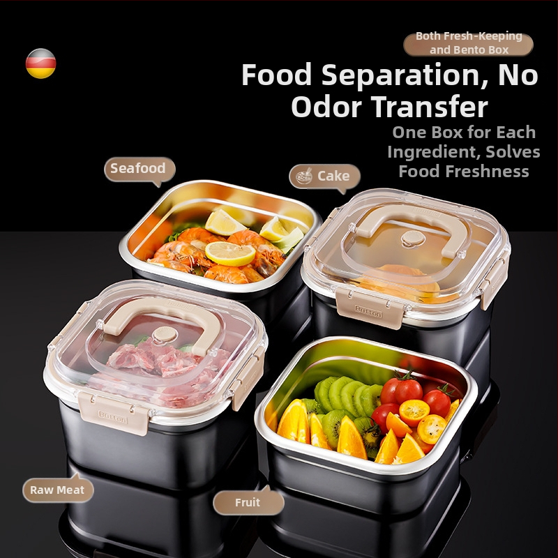 Cutie din oțel inoxidabil pentru conservare, formă pătrată, capacitate 2,1–3 L, menține prospețimea, compatibil cu microunde