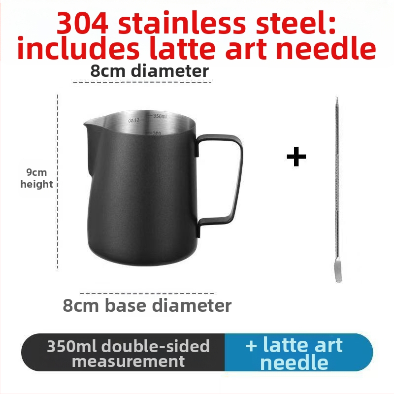 Latte art kanne iš nerūdijančio plieno su matavimo skale ir smaigiu snapu